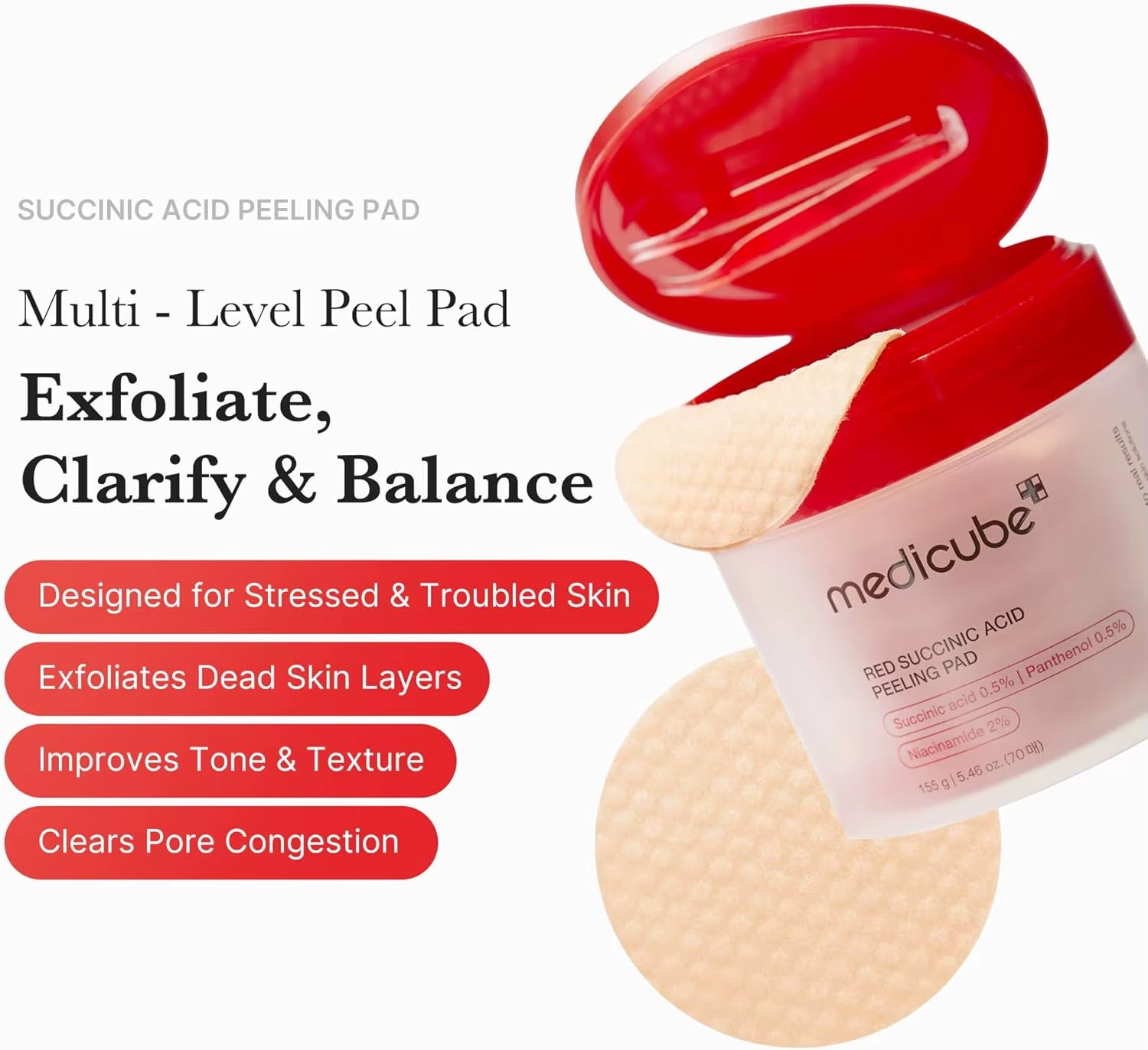 Medicube Toner Pads Red Facial Peeling Pad | Exfoliating Toner Pad for Breakout-Prone Skin AHA, BHA Skin Toner