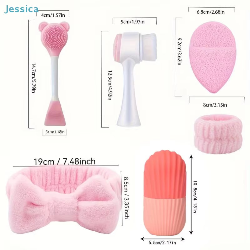 ♥Pink Skincare Grooming Kit | Wash Bag Set with Headband, Scrunchies, Facial Brush & Sponge