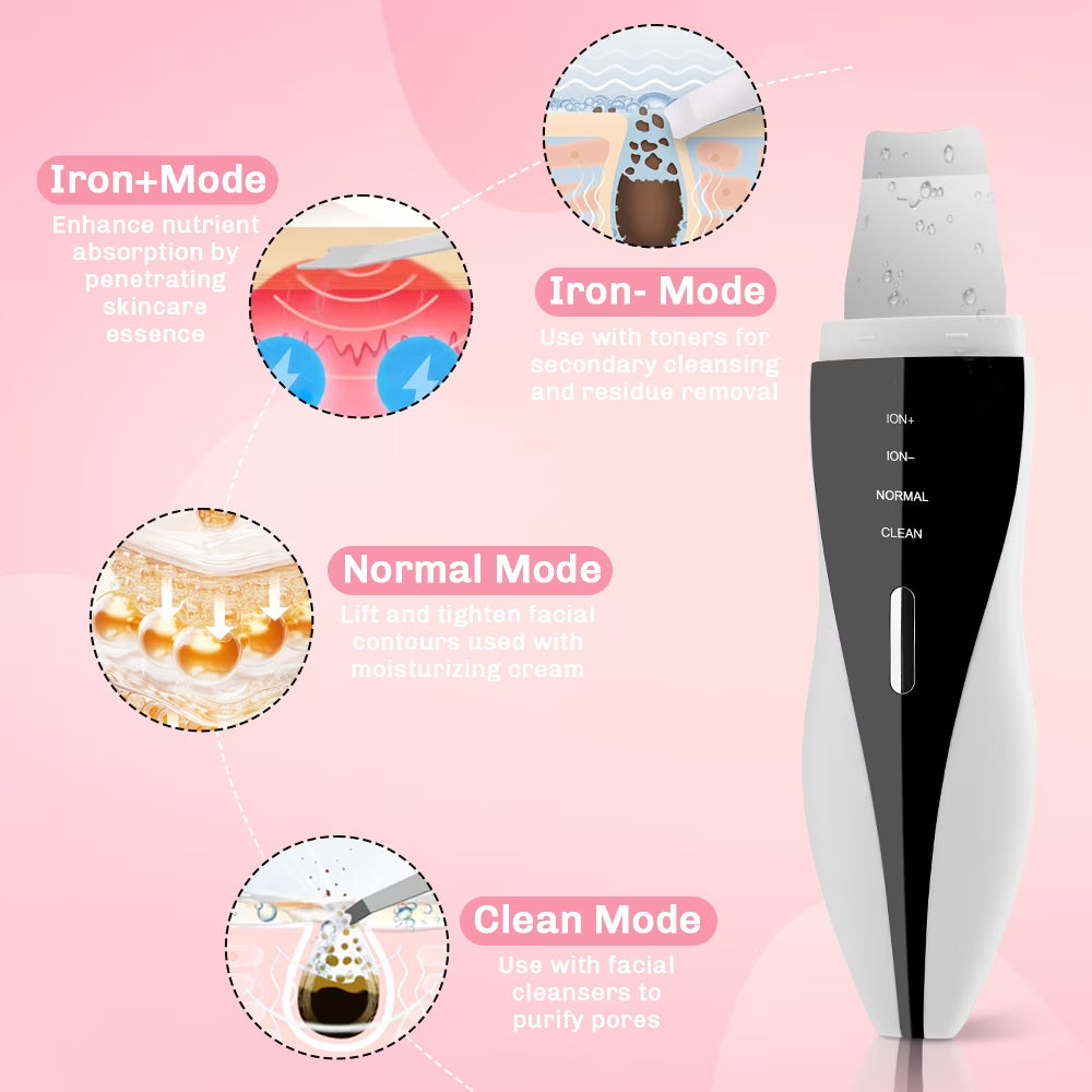 Skin Scrubber Face Spatula, Ultrasonic Black Head Remover for Face with 4 Modes Facial Shovel Cleanser Lifting Skin Care Tools with USB Charger