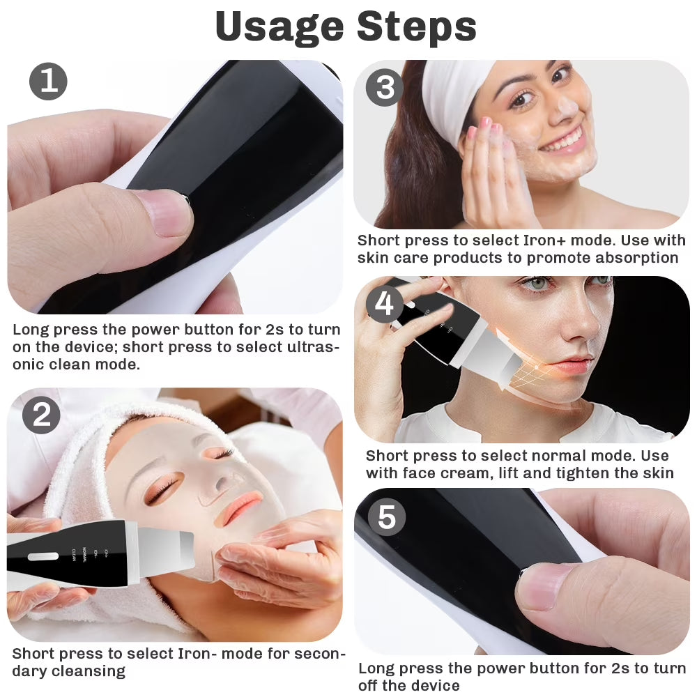 Skin Scrubber Face Spatula, Ultrasonic Black Head Remover for Face with 4 Modes Facial Shovel Cleanser Lifting Skin Care Tools with USB Charger