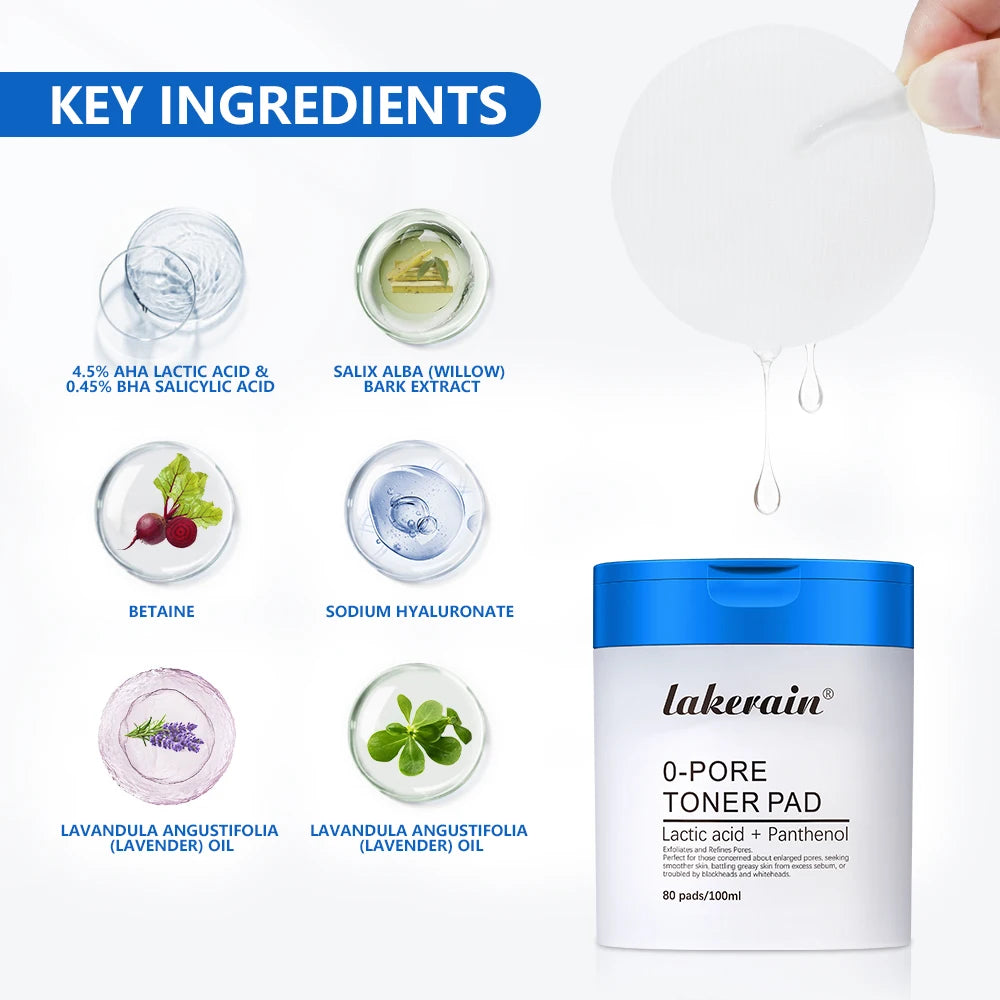 4.5% AHA Lactic Acid & 0.45% BHA 0-Pore Toner Pad Salicylic Acid Dual-Textured Facial Toner Pads for Exfoliation and Pore Care