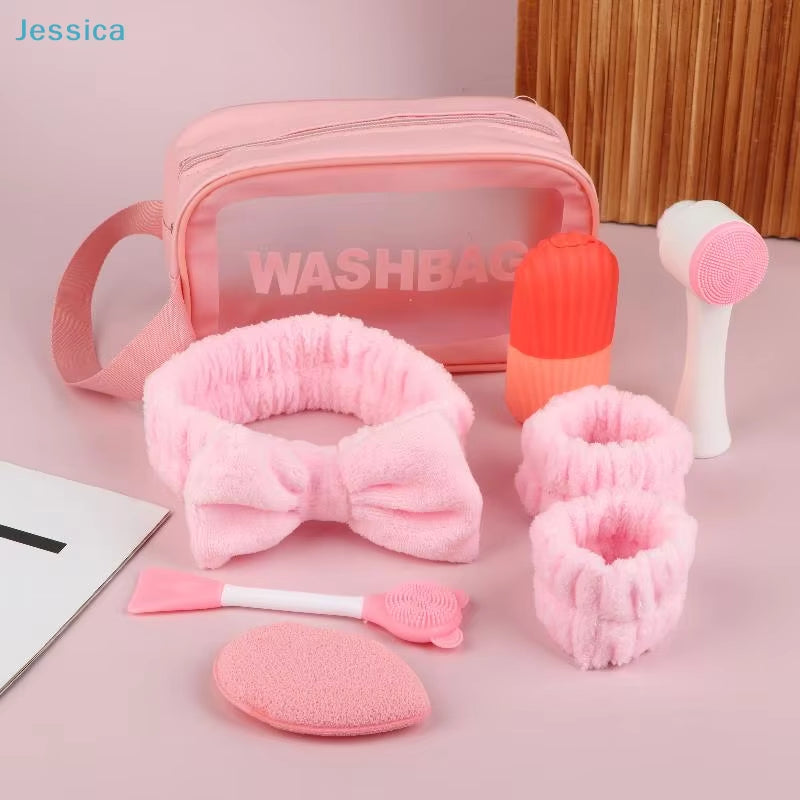♥Pink Skincare Grooming Kit | Wash Bag Set with Headband, Scrunchies, Facial Brush & Sponge